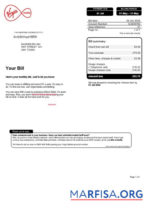 Realistic United Kingdom Virgin Media business utility bill, Word and PDF template